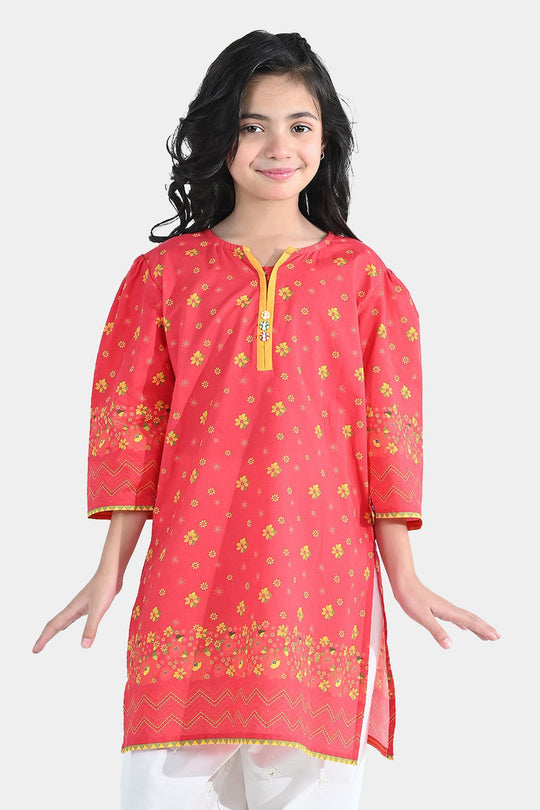 Girls Cotton Printed Kurti Dhanak - Red