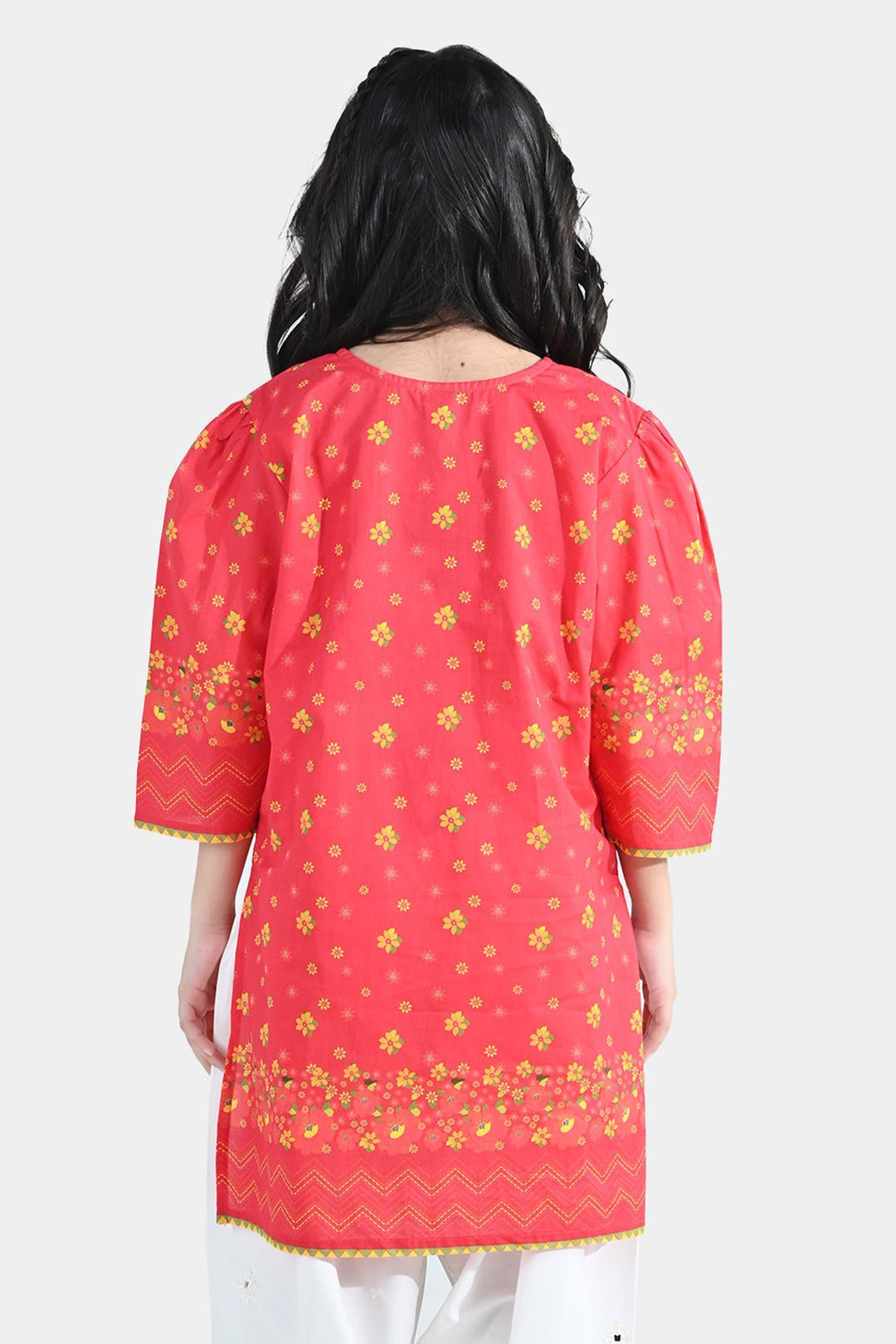 Girls Cotton Printed Kurti Dhanak - Red