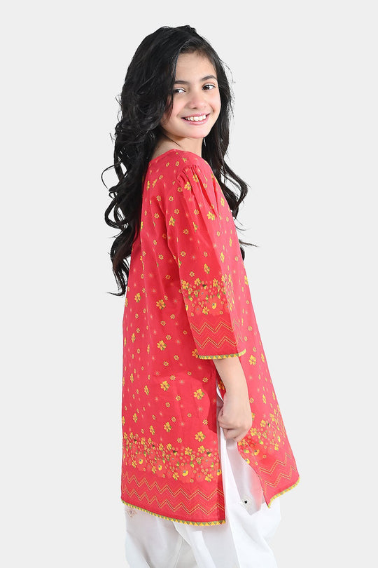 Girls Cotton Printed Kurti Dhanak - Red