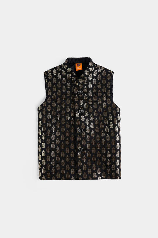 Boys Poly Viscose Waistcoat (Golden Motif))-BLACK