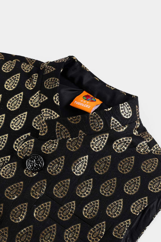 Boys Poly Viscose Waistcoat (Golden Motif))-BLACK