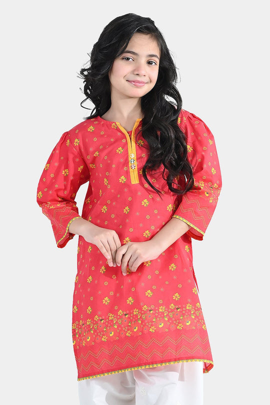 Girls Cotton Printed Kurti Dhanak - Red