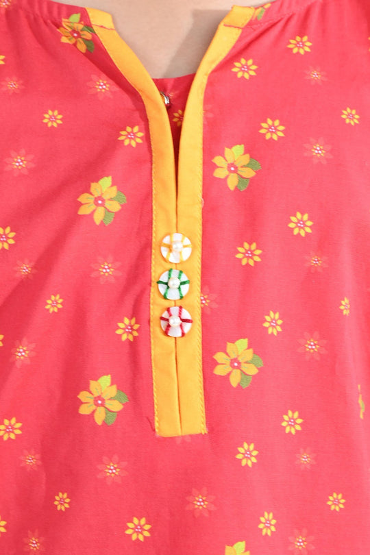 Girls Cotton Printed Kurti Dhanak - Red
