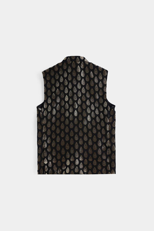 Boys Poly Viscose Waistcoat (Golden Motif))-BLACK