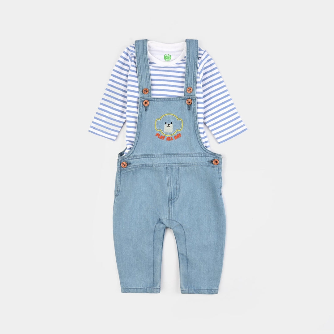 Infant Boys Tencel Denim (Light Denim) Dungaree Suit-Abstract Bear-Mid Blue