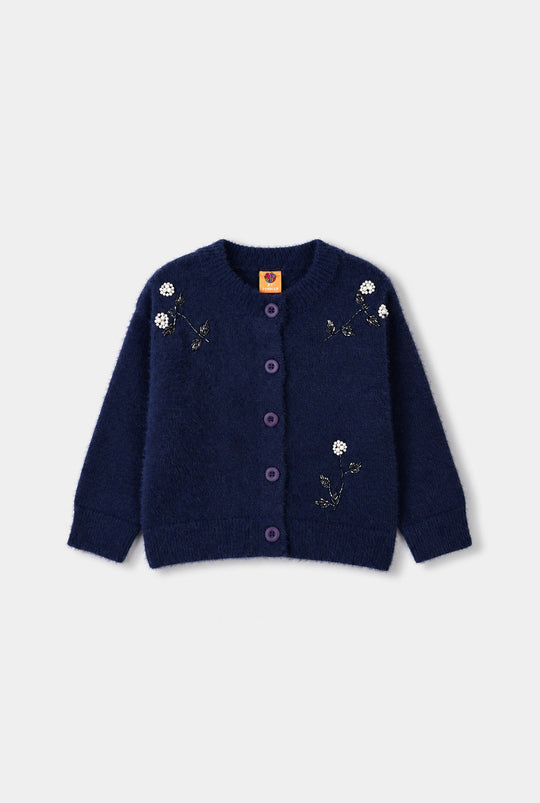 Girls Acrylic Sweater-Floral Motifs-Navy Blue