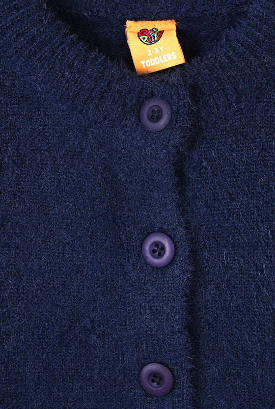 Girls Acrylic Sweater-Floral Motifs-Navy Blue