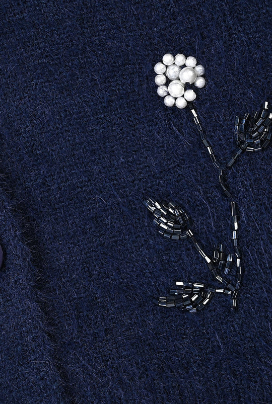 Girls Acrylic Sweater-Floral Motifs-Navy Blue