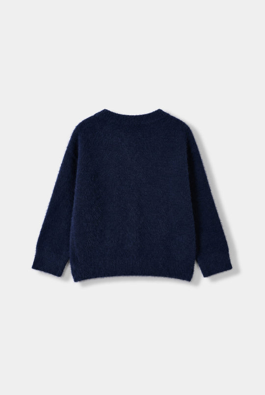Girls Acrylic Sweater-Floral Motifs-Navy Blue