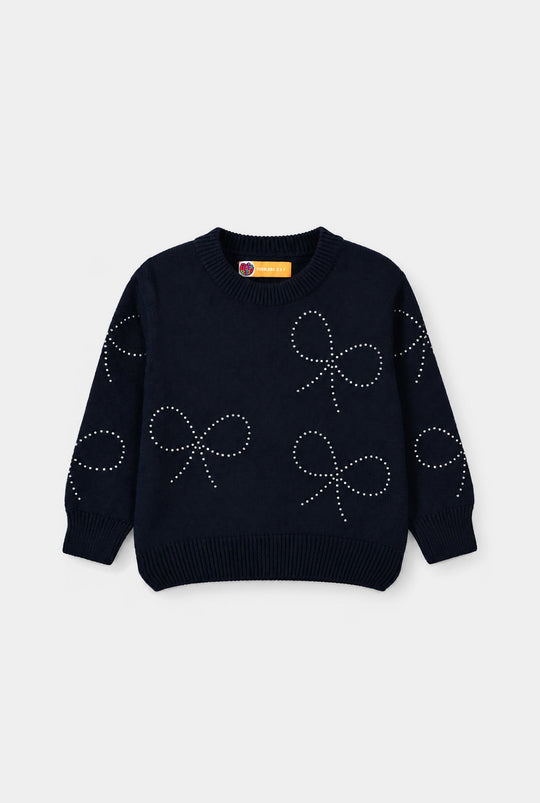 Girls Acrylic Sweater Bow Studs-NAVY