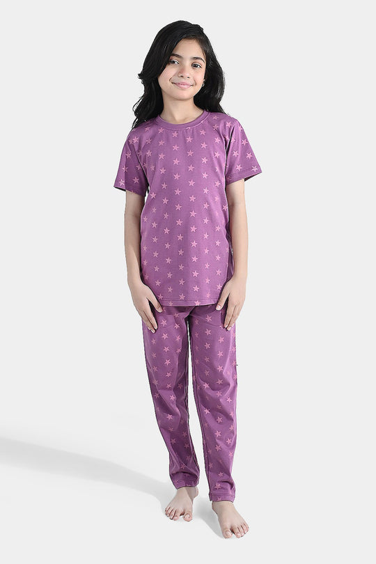 Girls PC Jersey Night Suit stars - Purple