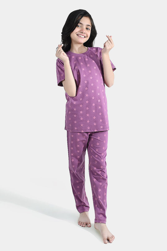 Girls PC Jersey Night Suit stars - Purple