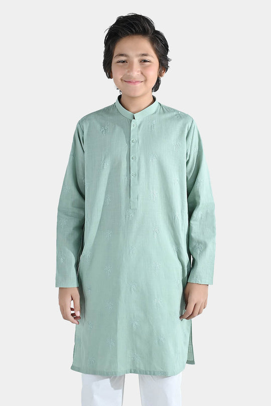 Boys Cotton Slub Embroidered Kurta (Palm Tree) - Light Green