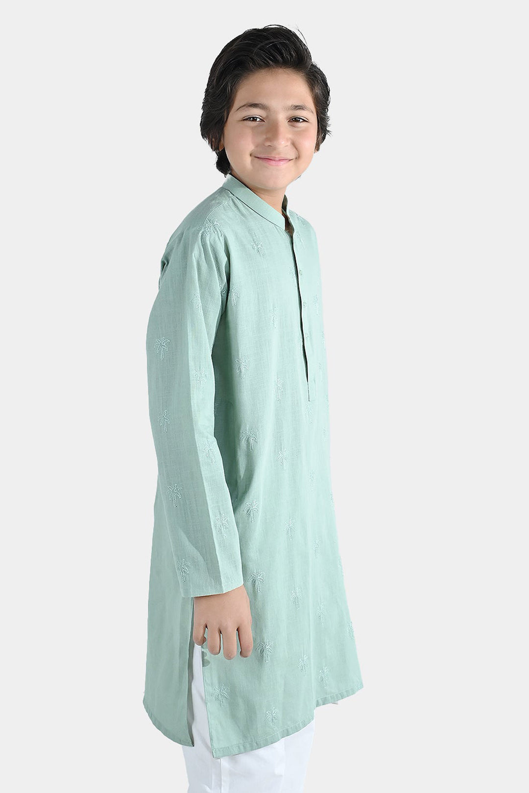 Boys Cotton Slub Embroidered Kurta (Palm Tree) - Light Green