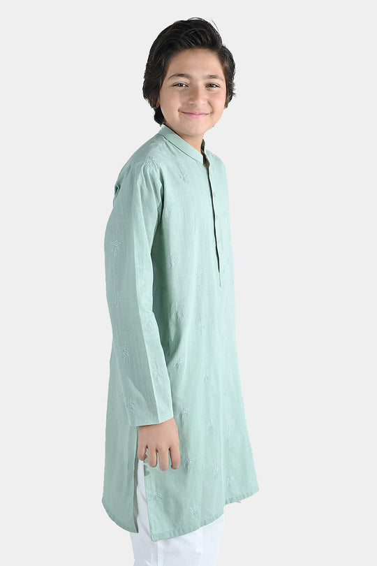Boys Cotton Slub Embroidered Kurta (Palm Tree) - Light Green