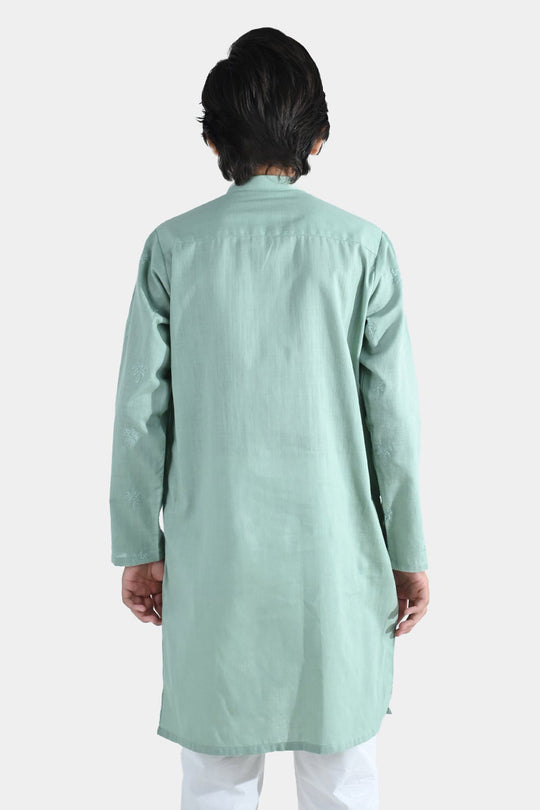 Boys Cotton Slub Embroidered Kurta (Palm Tree) - Light Green