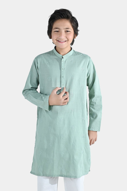Boys Cotton Slub Embroidered Kurta (Palm Tree) - Light Green