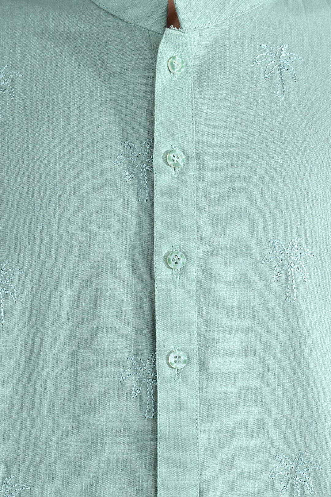 Boys Cotton Slub Embroidered Kurta (Palm Tree) - Light Green