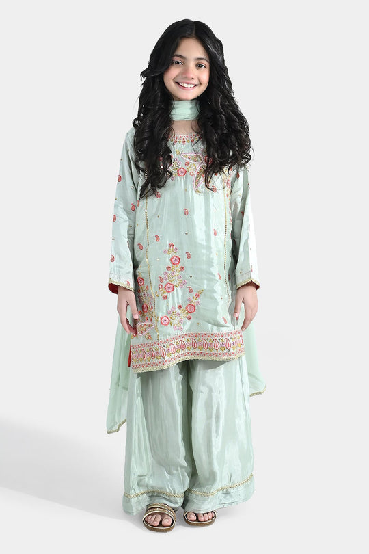 Girls Raw Silk 3Pcs (Gulshan) - Green