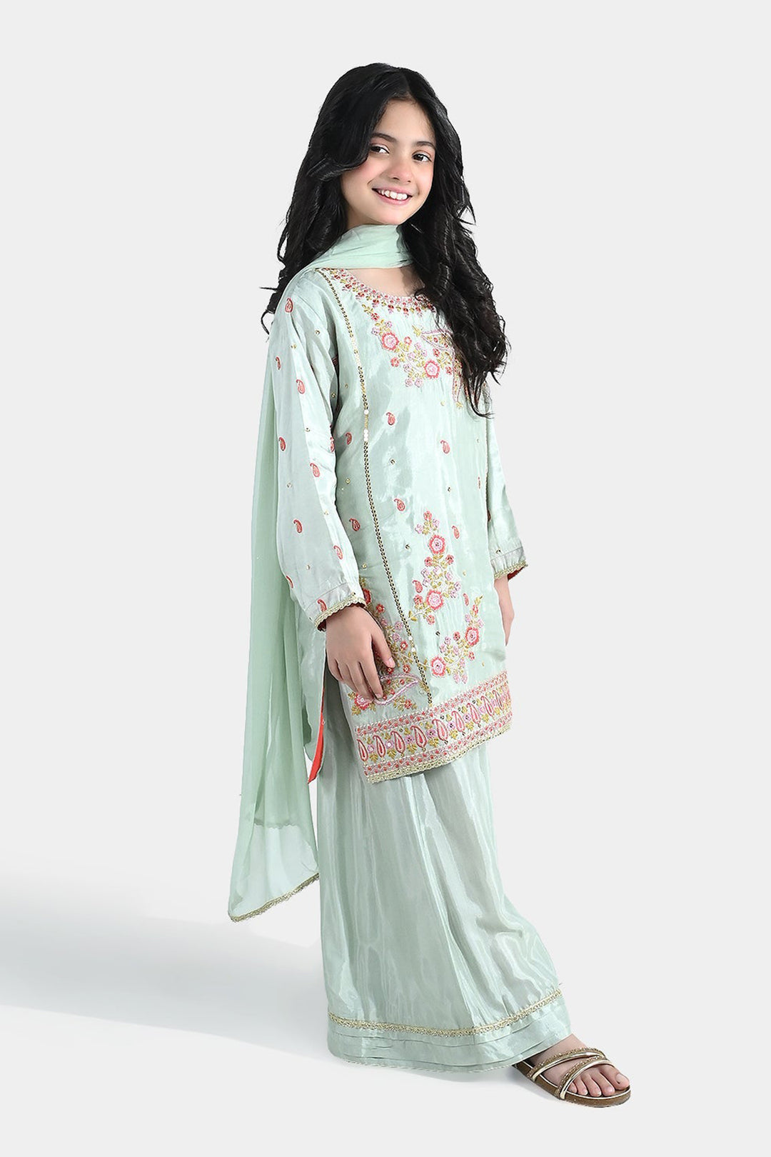 Girls Raw Silk 3Pcs (Gulshan) - Green