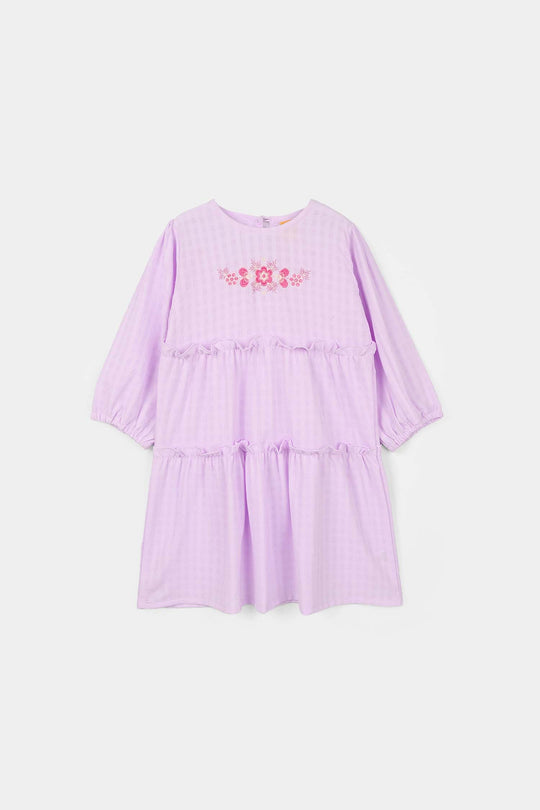 Girls Poly Crinkle Embroidered Frock - Lavender