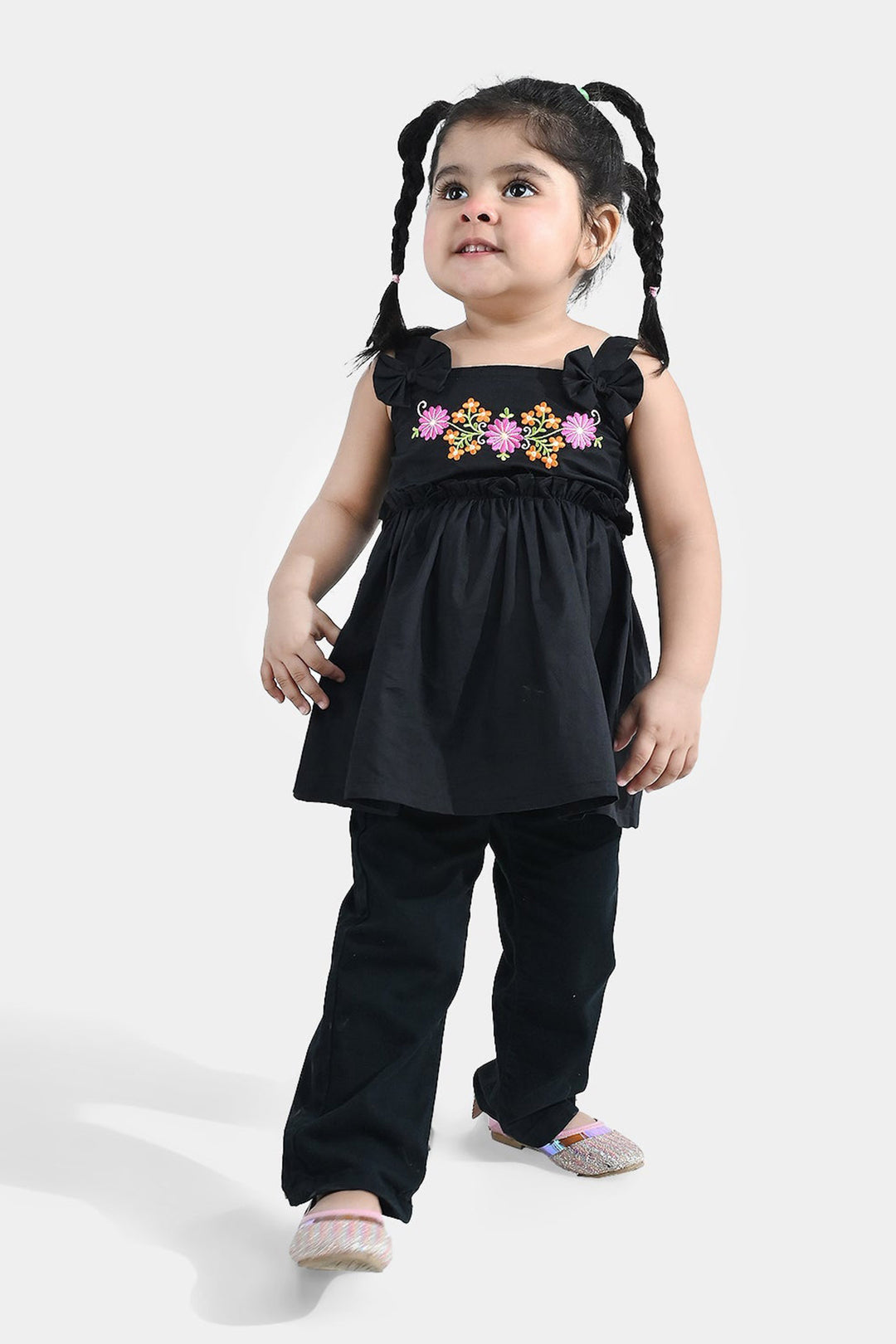 Infant Girls’ Cotton Embroidered Kurti – Black