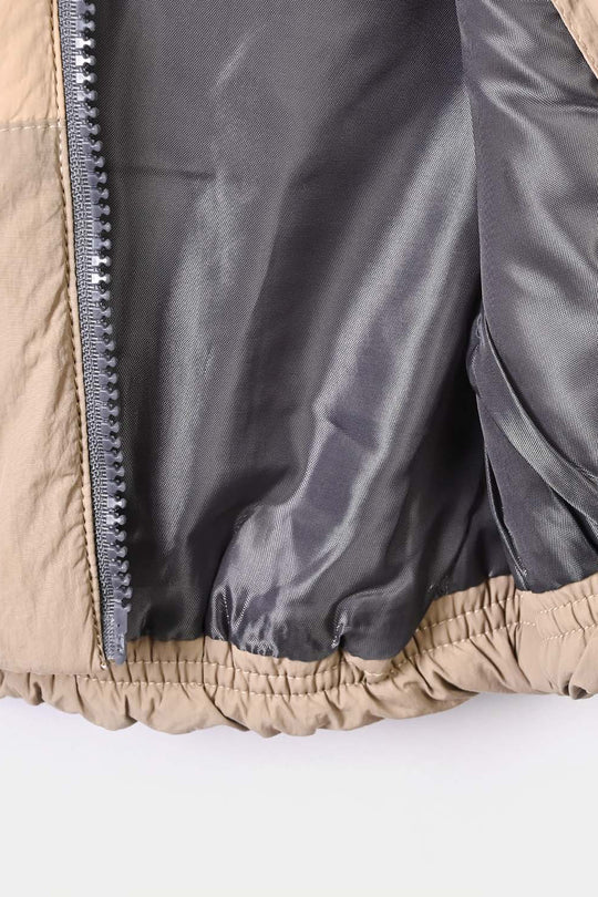 Infant Boys Polyester Puffer Jacket Hood- BROWN/GREY