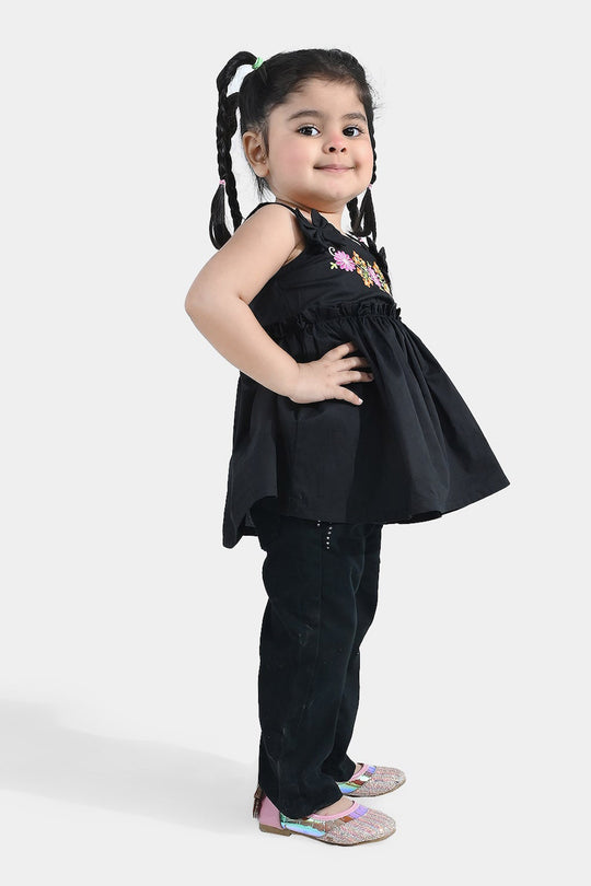 Infant Girls’ Cotton Embroidered Kurti – Black