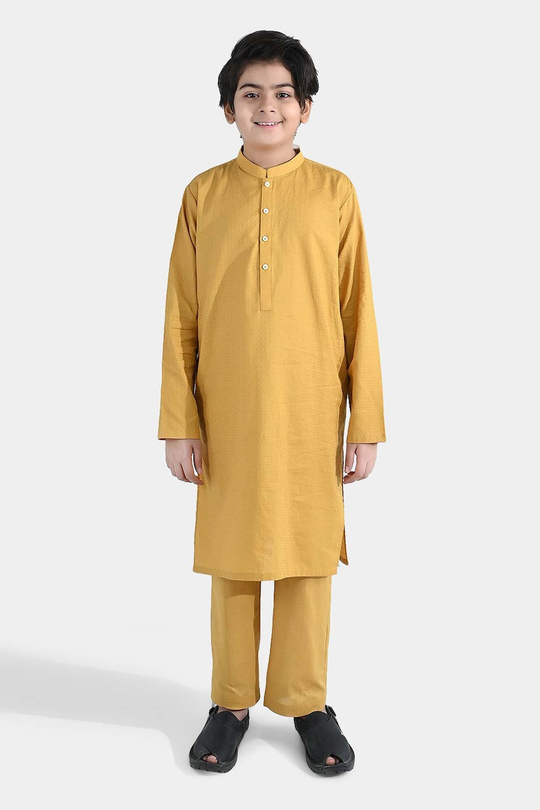 Boys Cotton Jacquard Kurta Pajama - Yellow