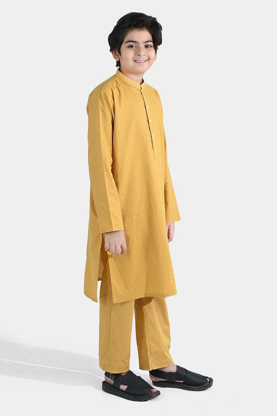 Boys Cotton Jacquard Kurta Pajama - Yellow