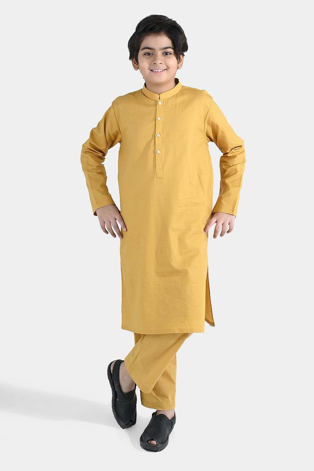 Boys Cotton Jacquard Kurta Pajama - Yellow