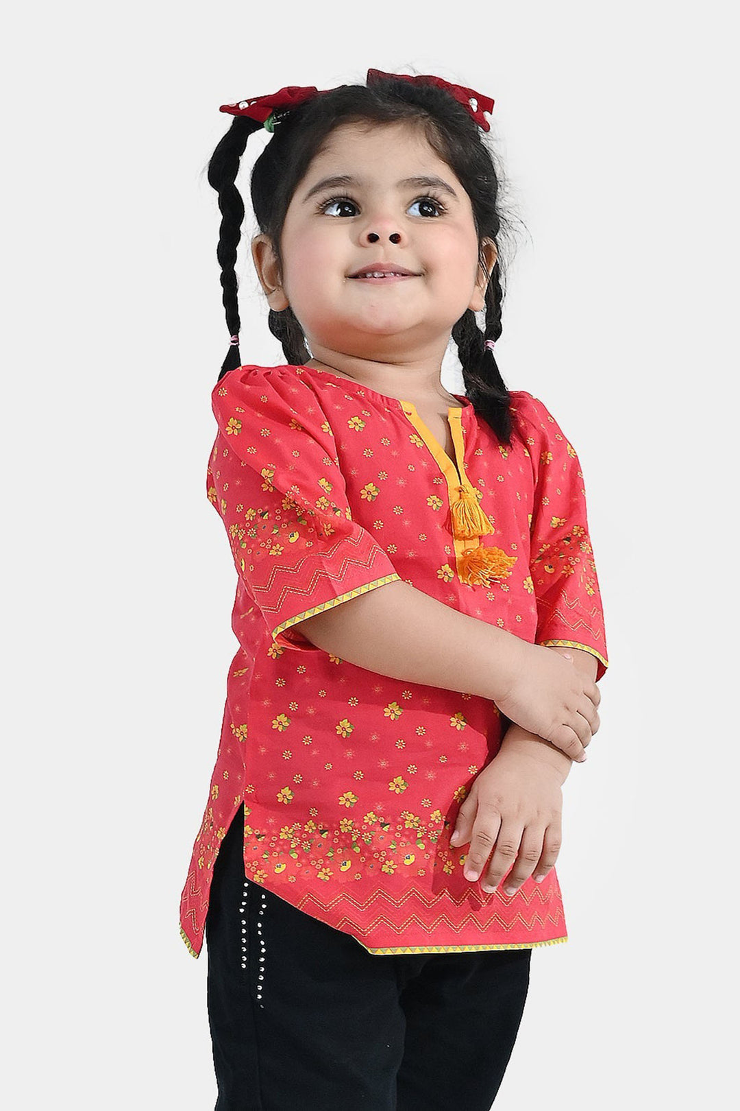 Infant Girls Cotton Printed Kurti Dhanak - Red