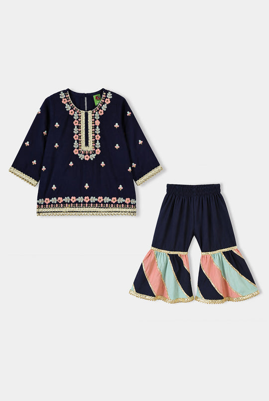Infant Girls Raw Silk 2Pcs Roshan-Navy Blue