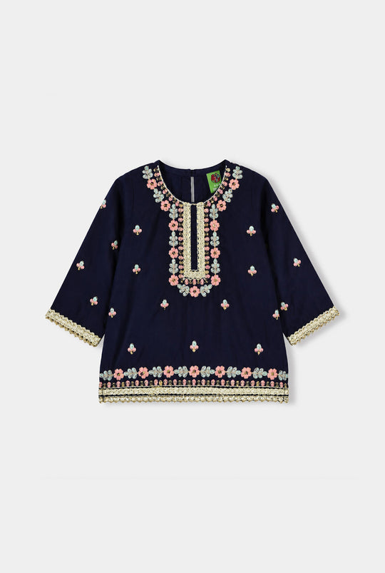 Infant Girls Raw Silk 2Pcs Roshan-Navy Blue