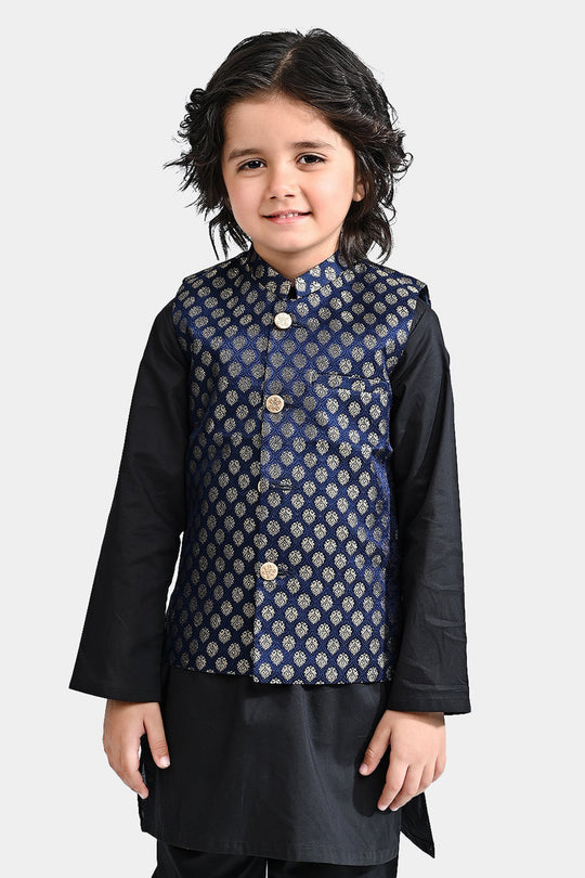 Boys Poly Viscose Waistcoat (Golden Zari)-NAVY