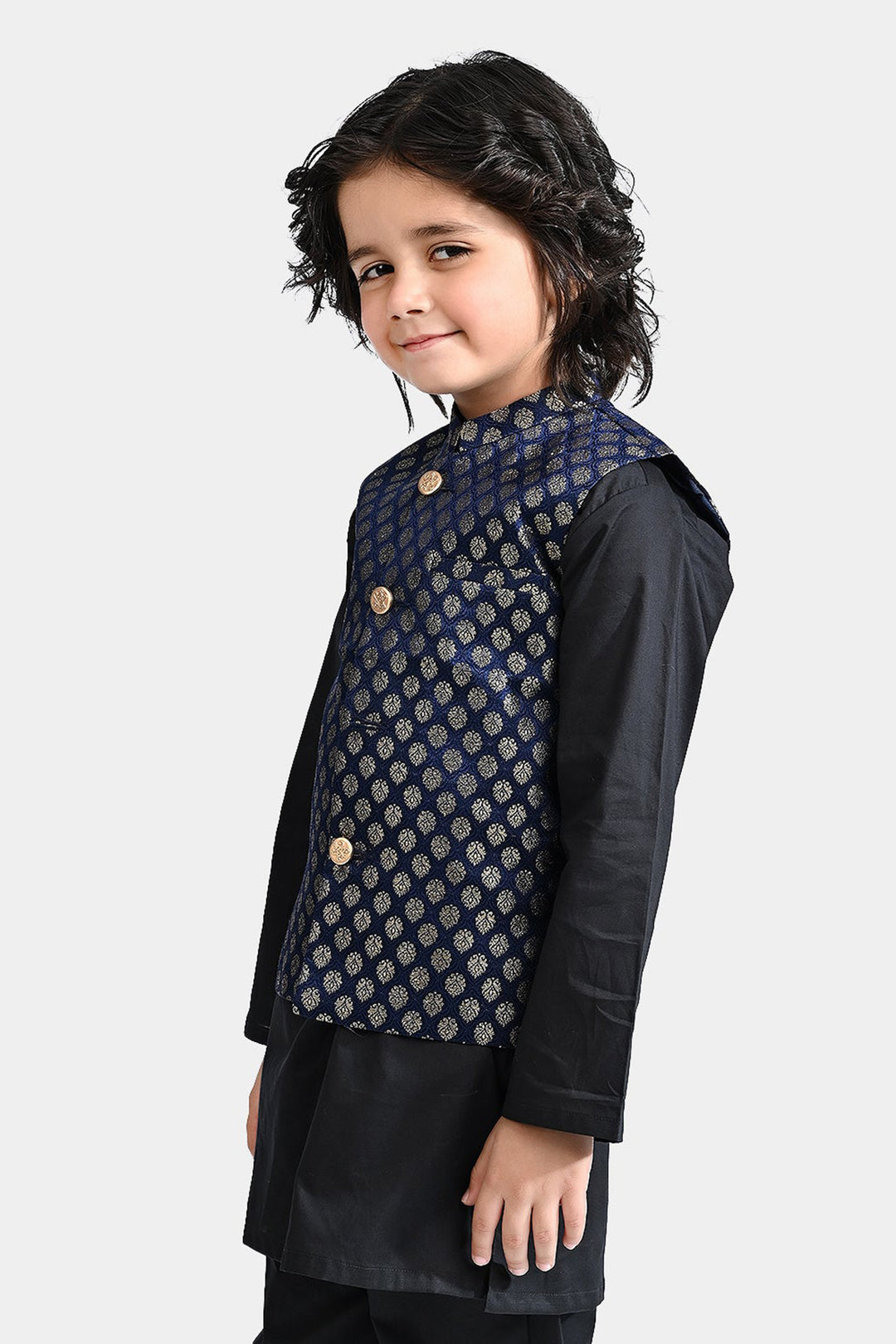 Boys Poly Viscose Waistcoat (Golden Zari)-NAVY