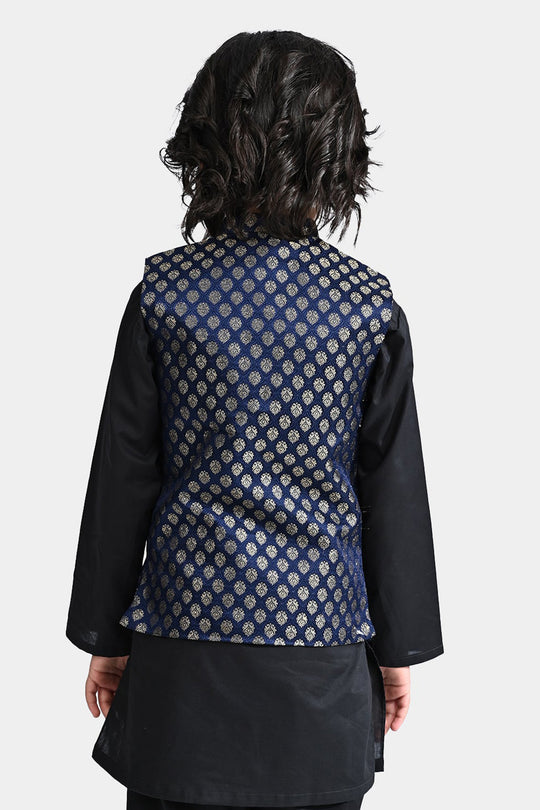 Boys Poly Viscose Waistcoat (Golden Zari)-NAVY