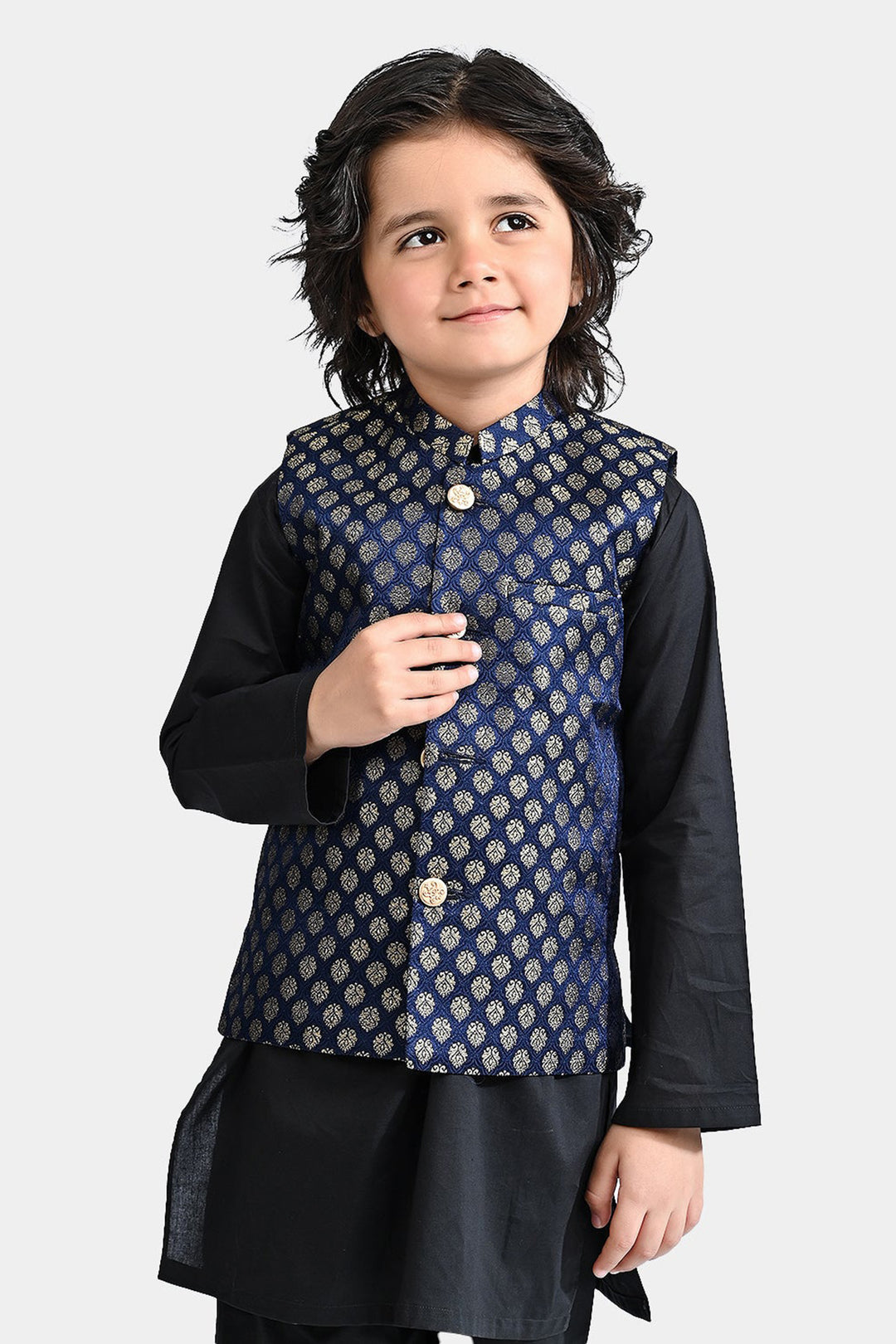 Boys Poly Viscose Waistcoat (Golden Zari)-NAVY