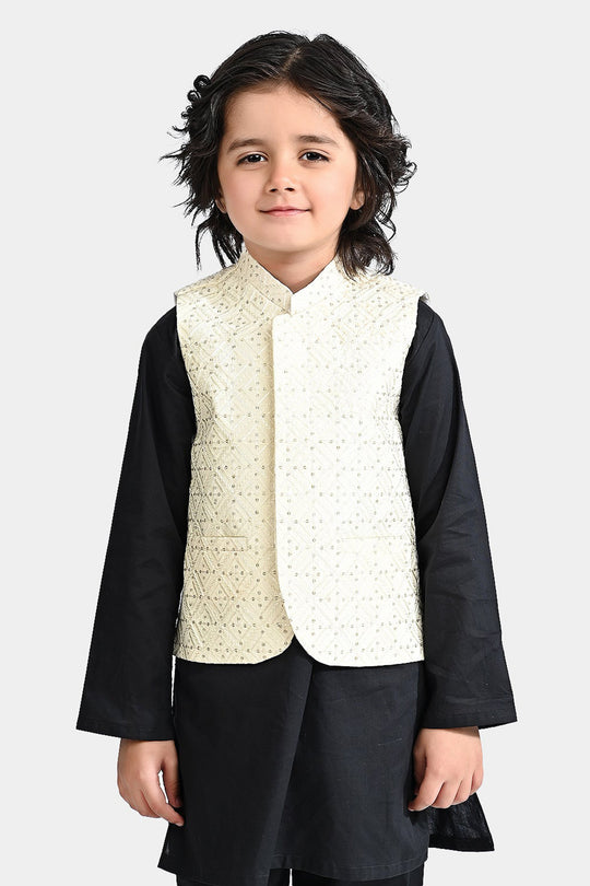 Boys Poly Viscose Waistcoat (Sequence EMB)-Off White