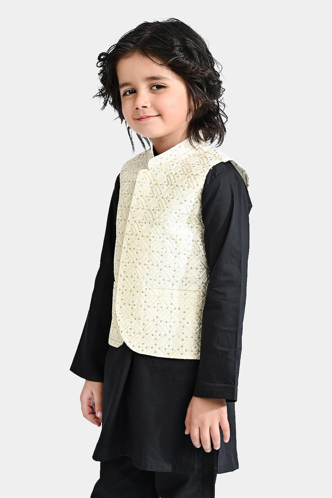 Boys Poly Viscose Waistcoat (Sequence EMB)-Off White