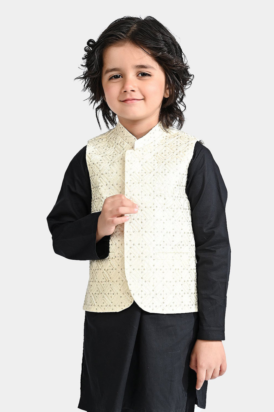 Boys Poly Viscose Waistcoat (Sequence EMB)-Off White
