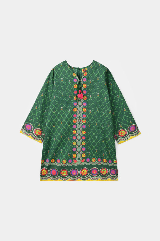 Girls Cotton Ind Kurti Truck Art-GREEN