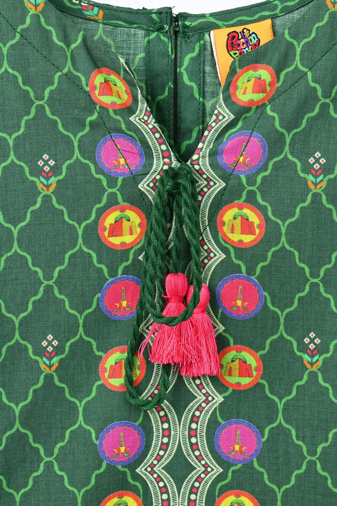 Girls Cotton Ind Kurti Truck Art-GREEN