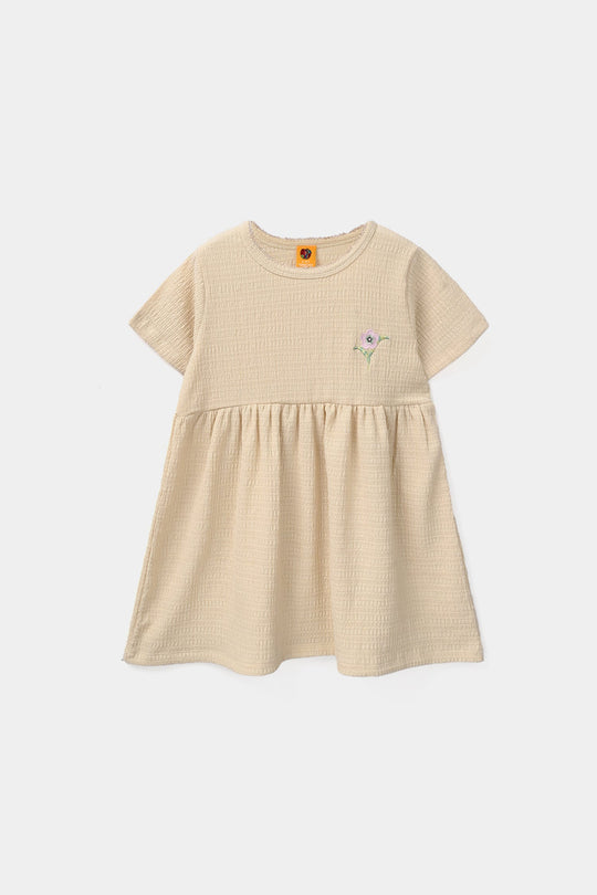 Girls Poly Crinkle Knitted Frock Flower - Beige