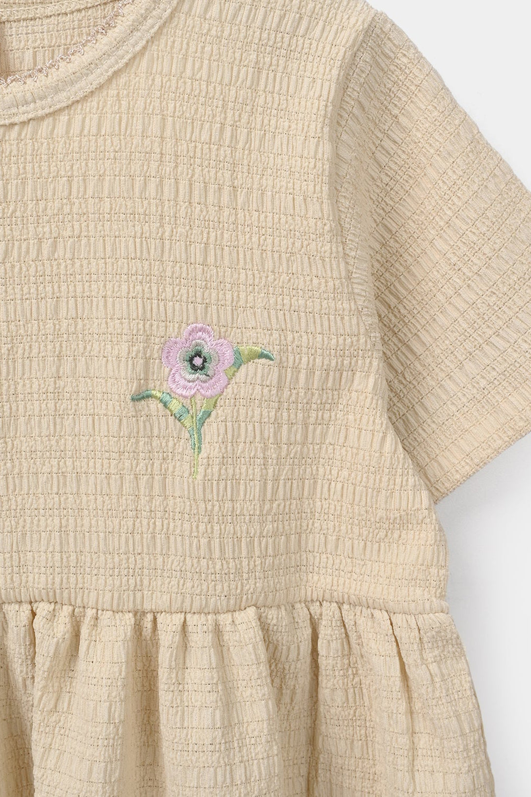 Girls Poly Crinkle Knitted Frock Flower - Beige