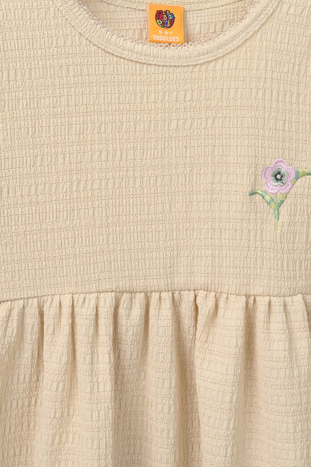 Girls Poly Crinkle Knitted Frock Flower - Beige