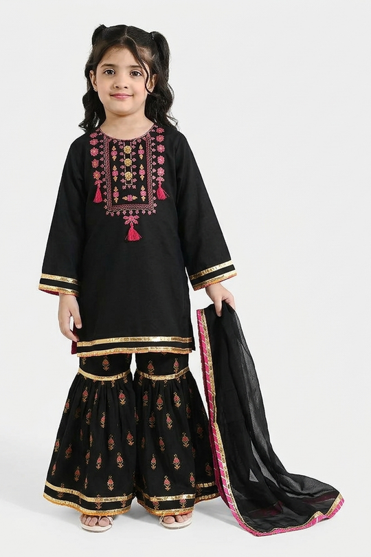 Girls Raw Silk 3-Piece Suit (Rangrez) - Black