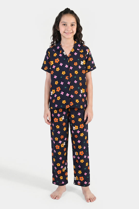 Girls Floral Print Viscose Nightwear Suit – Navy