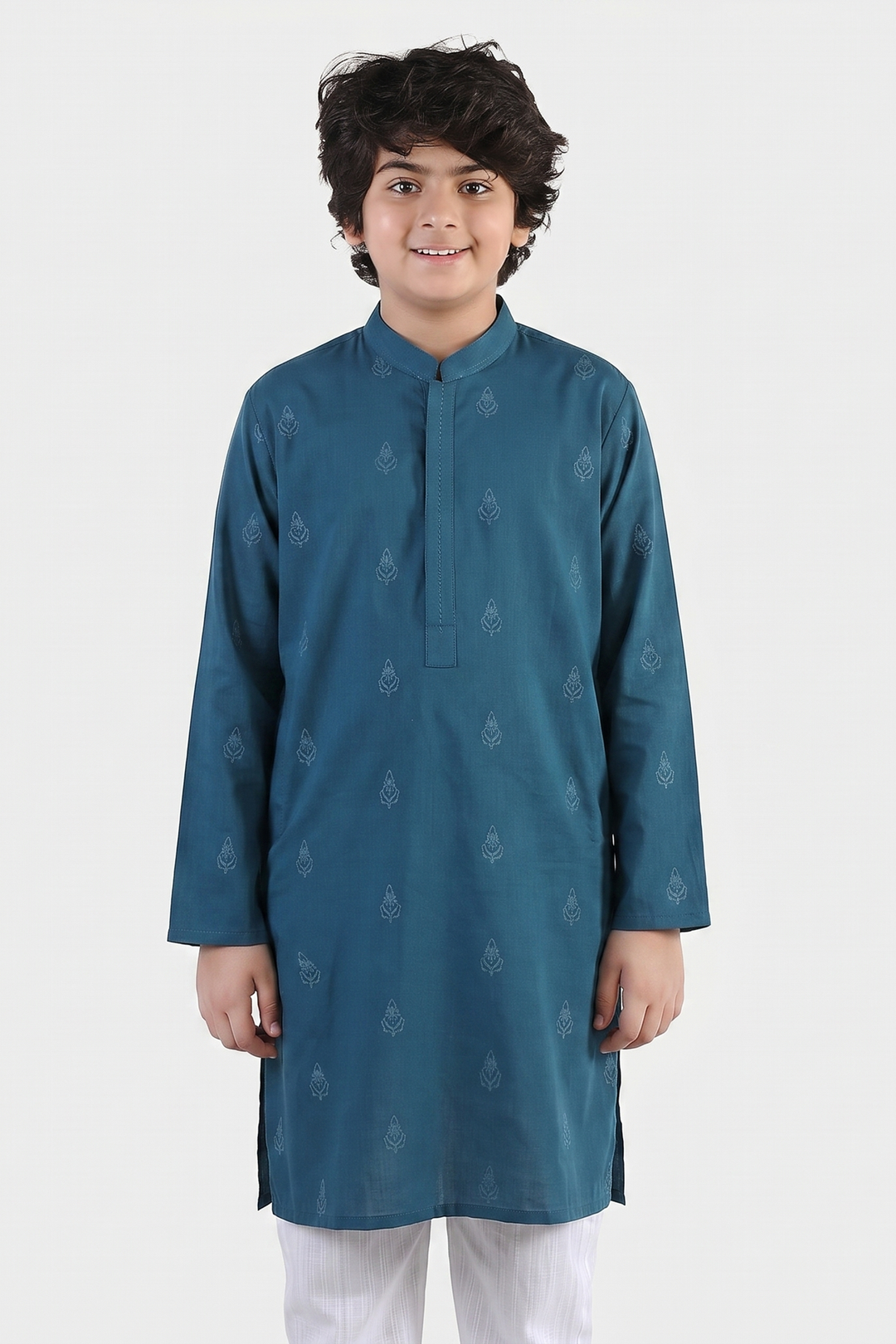 Boys Cotton Slub Printed Kurta (Blue Opal)-Blue