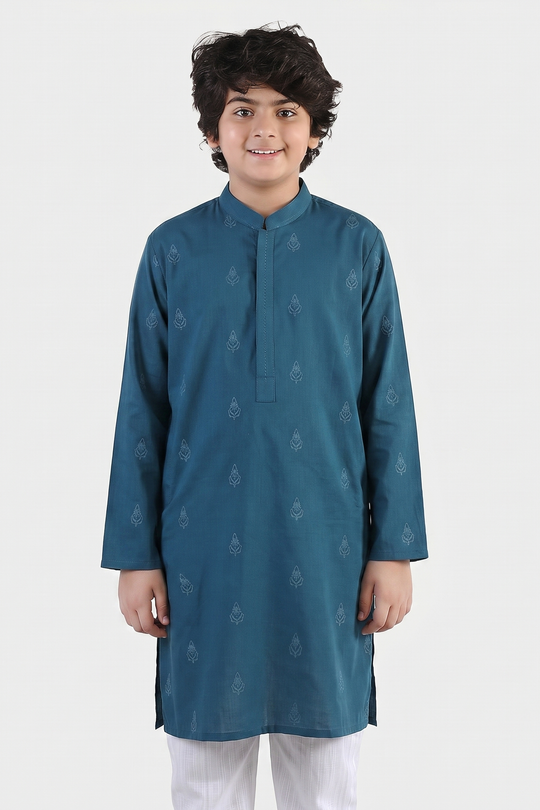 Boys Cotton Slub Printed Kurta (Blue Opal)-Blue